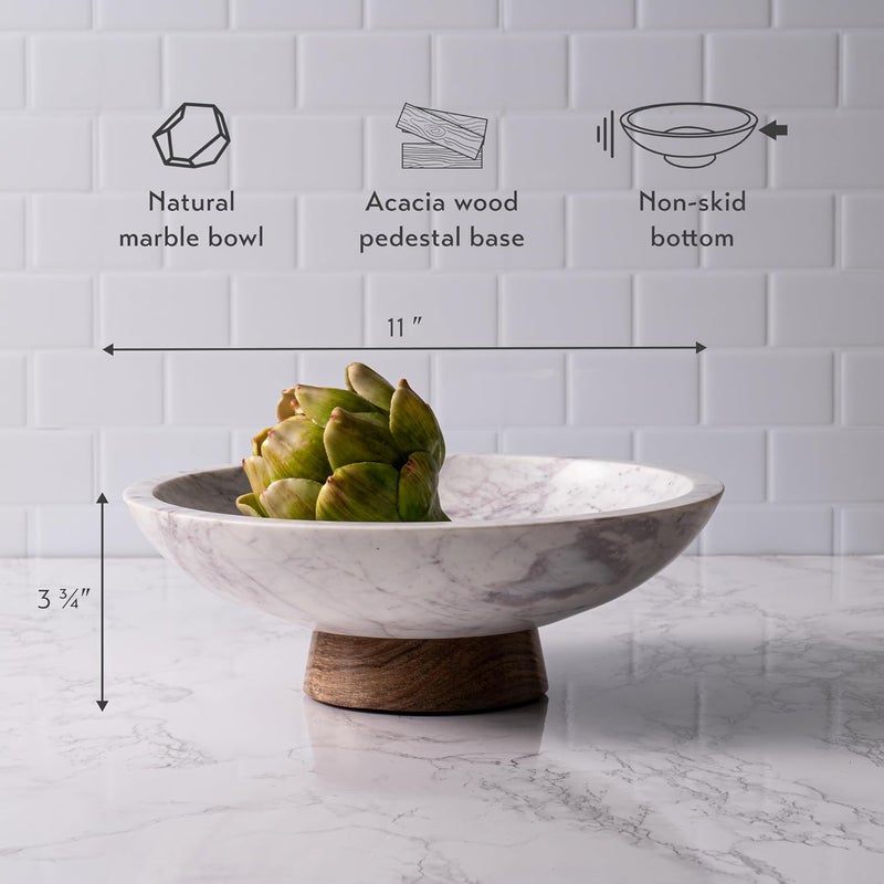 Cork & Mill Marble Decorative Bowl for Home Decor - Handcrafted Natural Stone with Acacia Wood Pedestal - Versatile 11" Catch All for Entryway, Kitchen Fruit Bowl, Potpourri, Dining Table Centerpiece - Image 3
